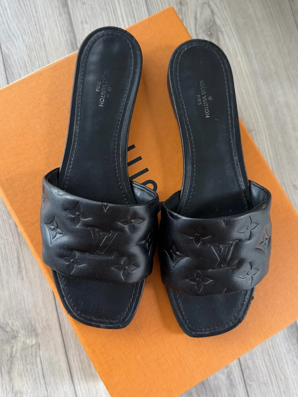 Louis Vuitton Black Embossed Monogram Slide Sandals